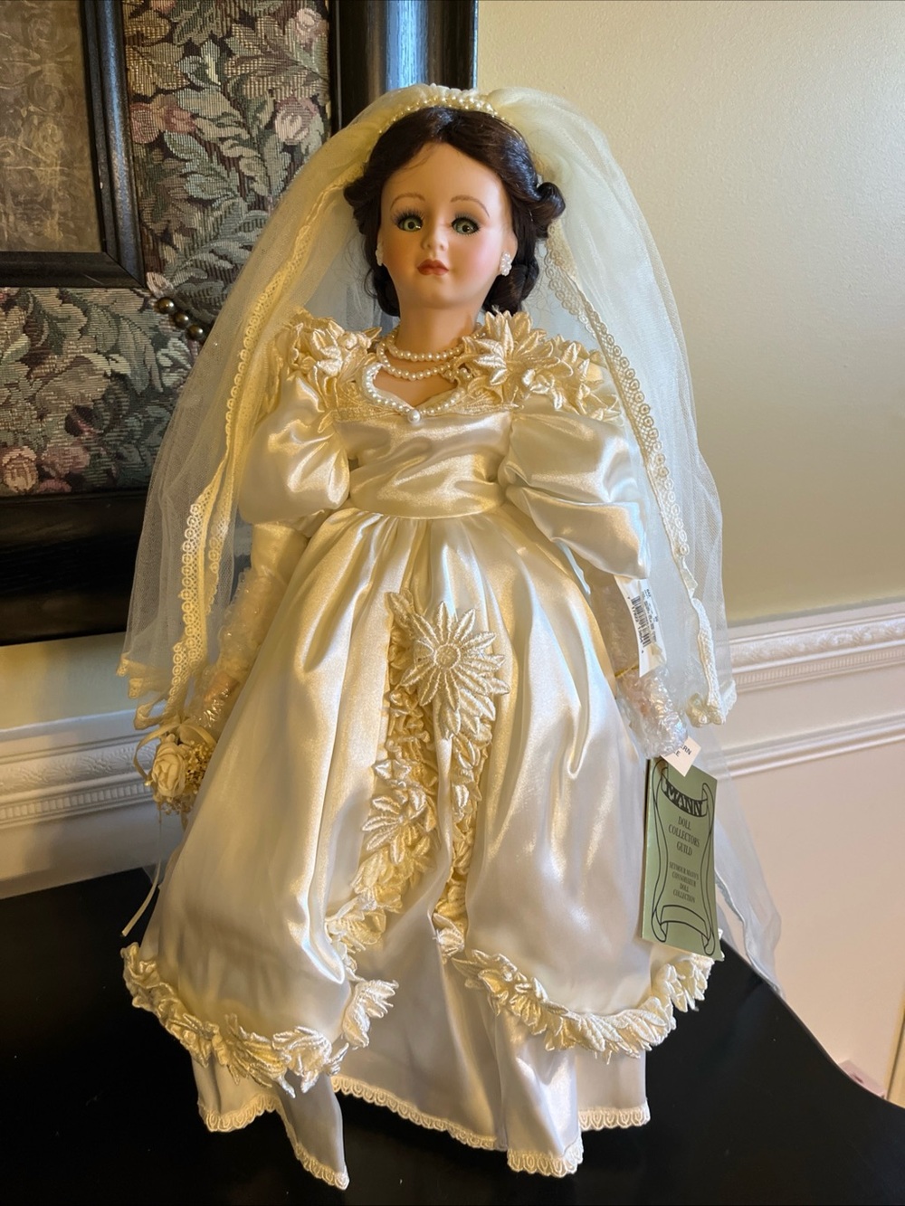 vintage 90s NWT Seymour Mann collectible porcelain bride doll in ivory on stand